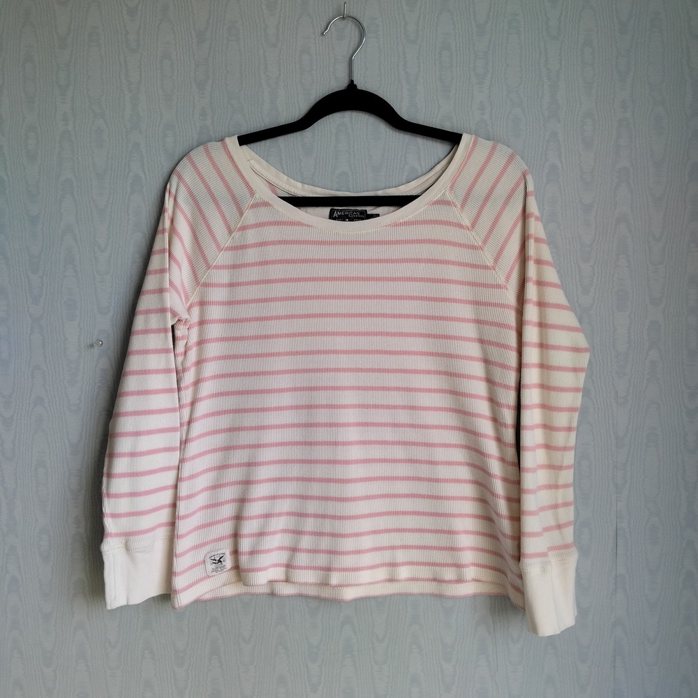 Y2K Womens L Top Waffle Knit Boat Neck 3/4 Sleeve Ringer Striped Pink White